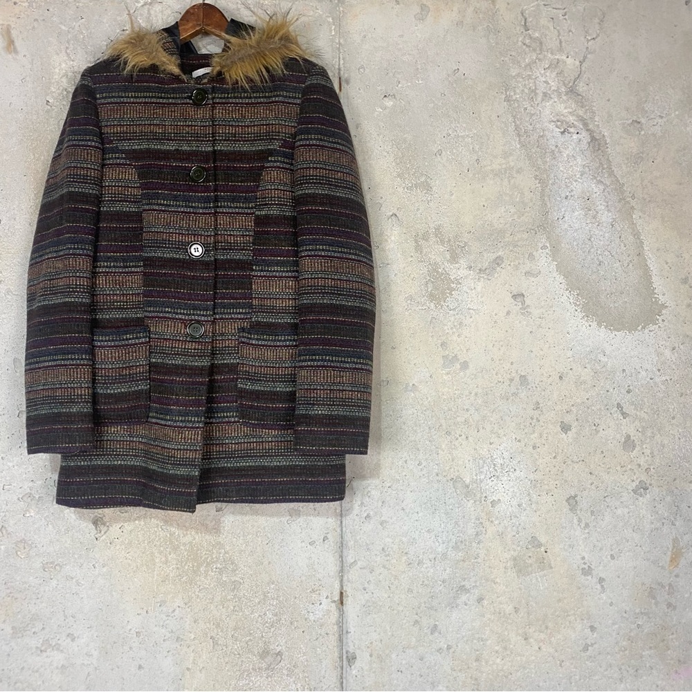 Baldi earth tone striped tweed textured faux fur hooded coat small